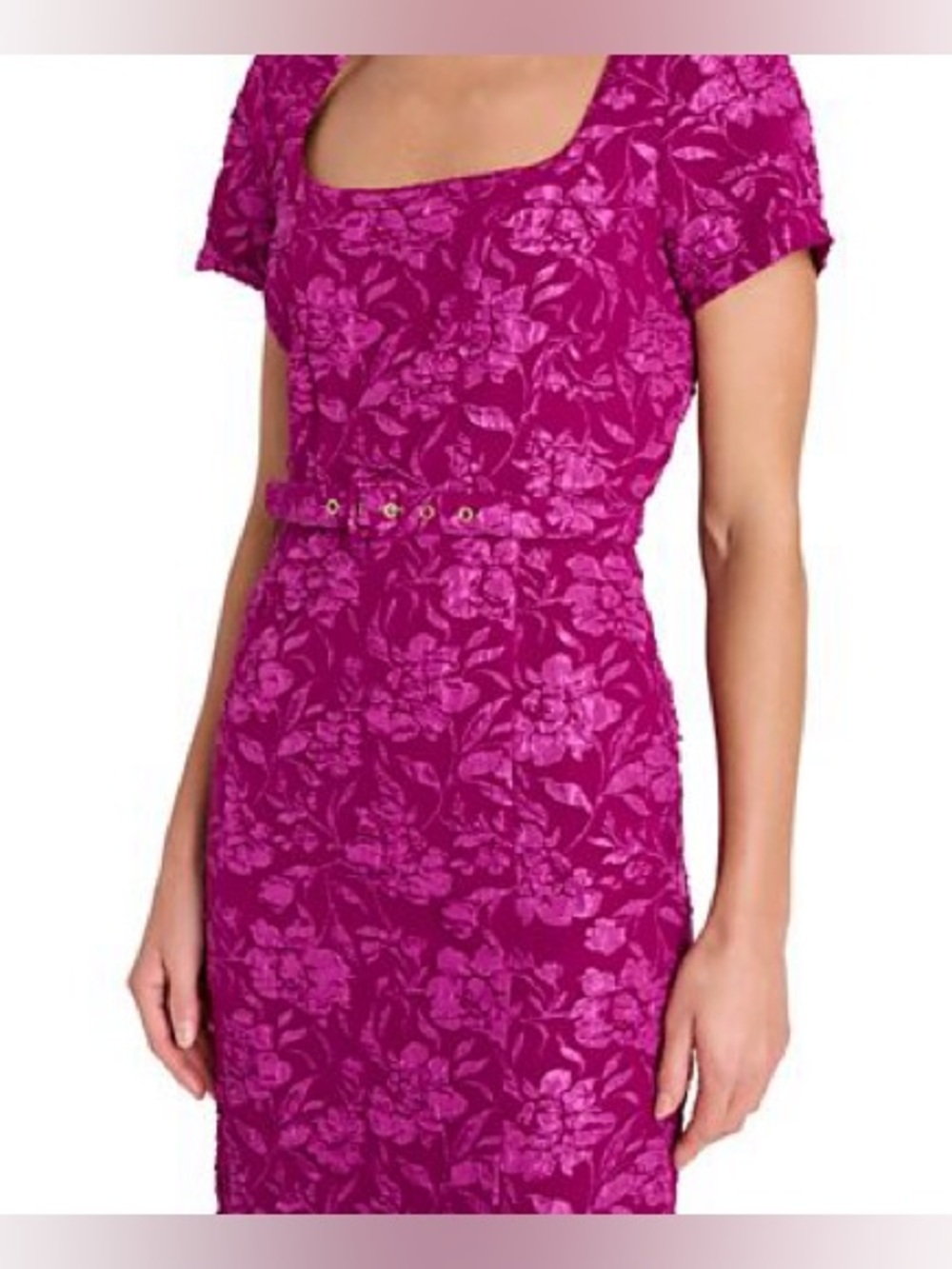 Tahari magenta Fitted Floral Sheath Dress Fuchsia belted cocktail - Picture 3 of 4